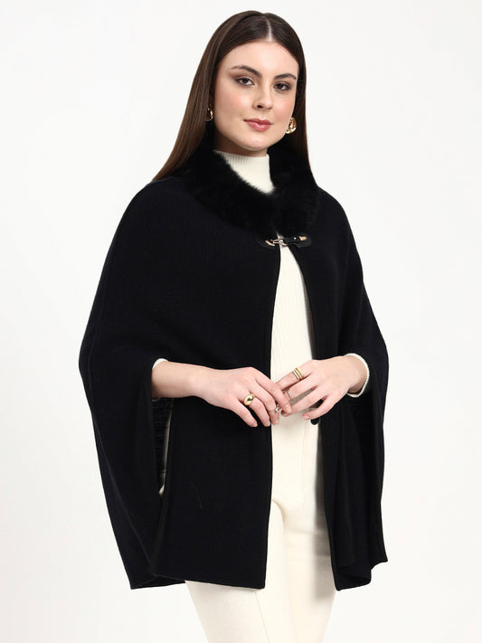 Noir Vale Fur-Collar Poncho