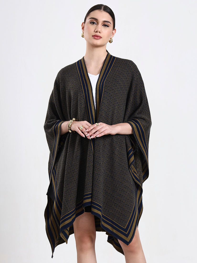 Olive Intarsia Belted Cape