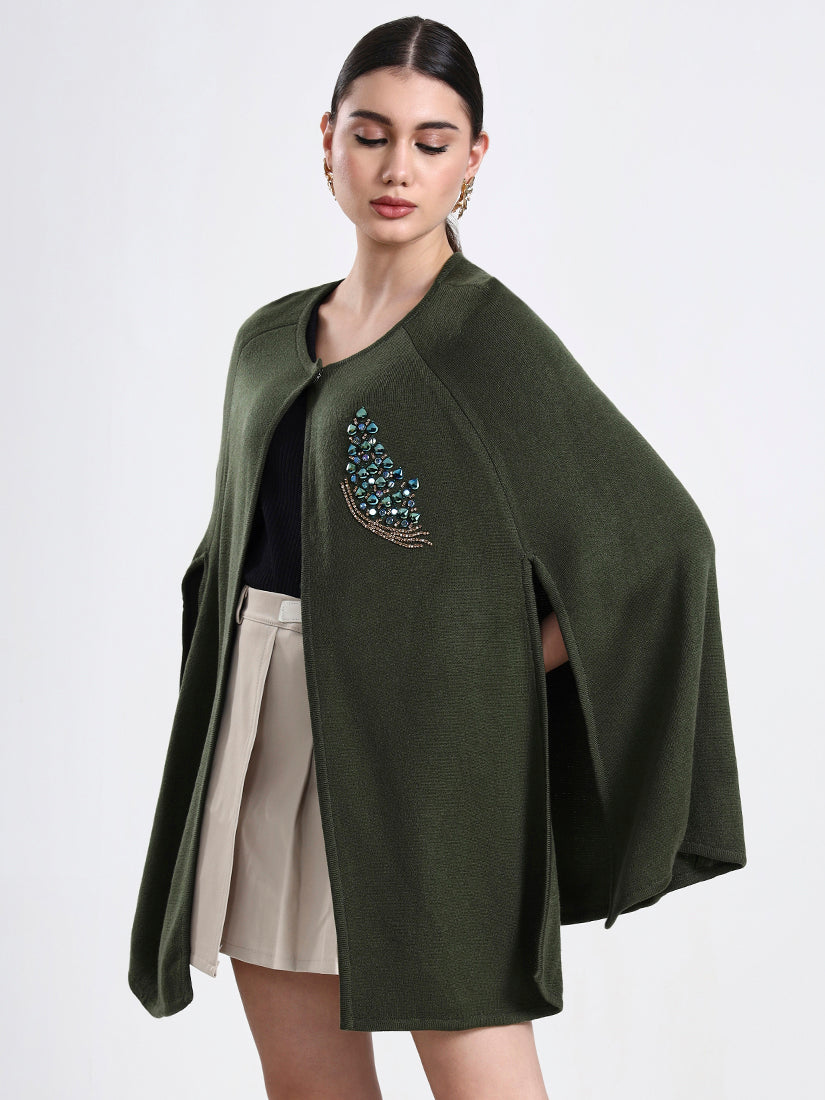 Olive Serenade Embellished Cloak