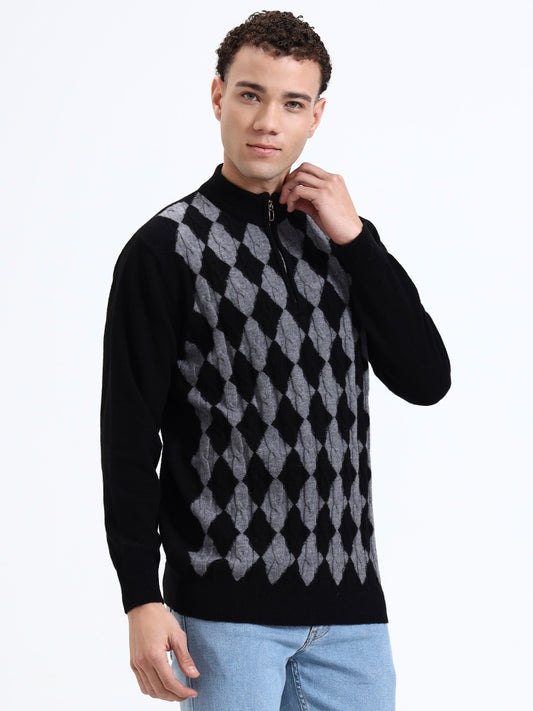 Black Argyle Quarter-Zip Pullover