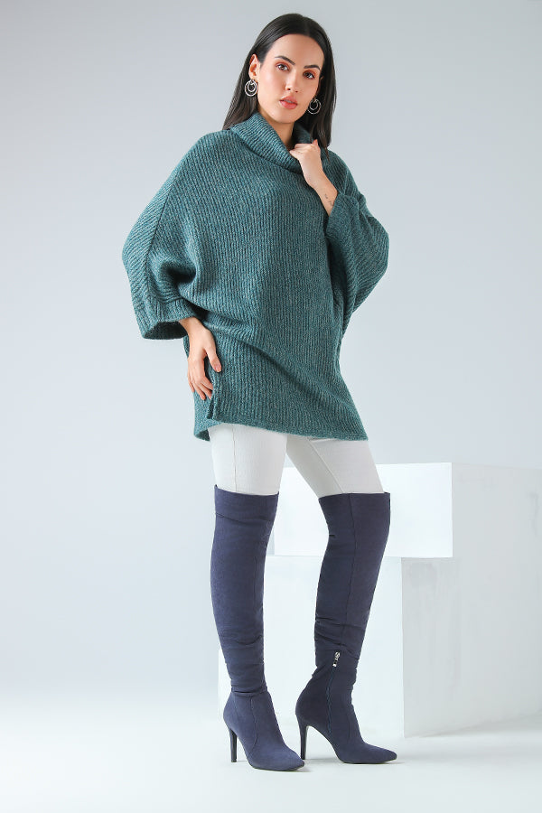Forest Sage High-Neck Poncho