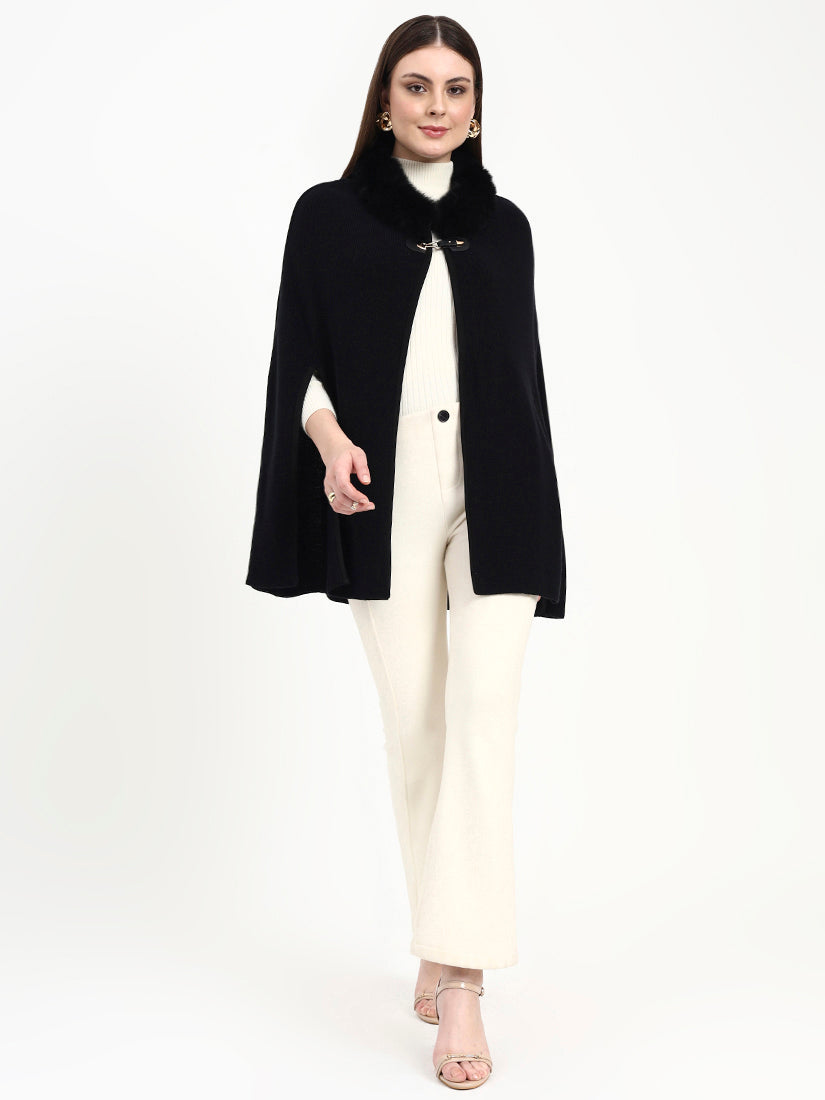 Noir Vale Fur-Collar Poncho