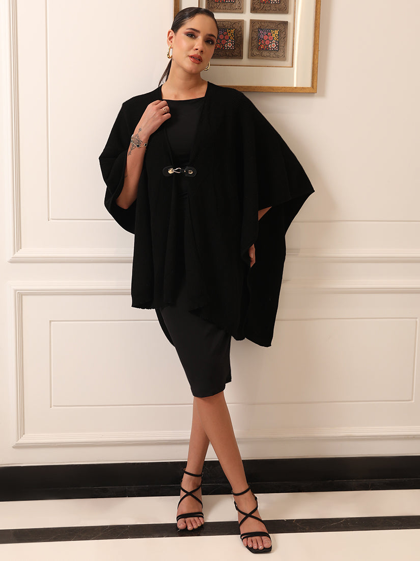 Noir Elegance Buckled Lambswool Cape