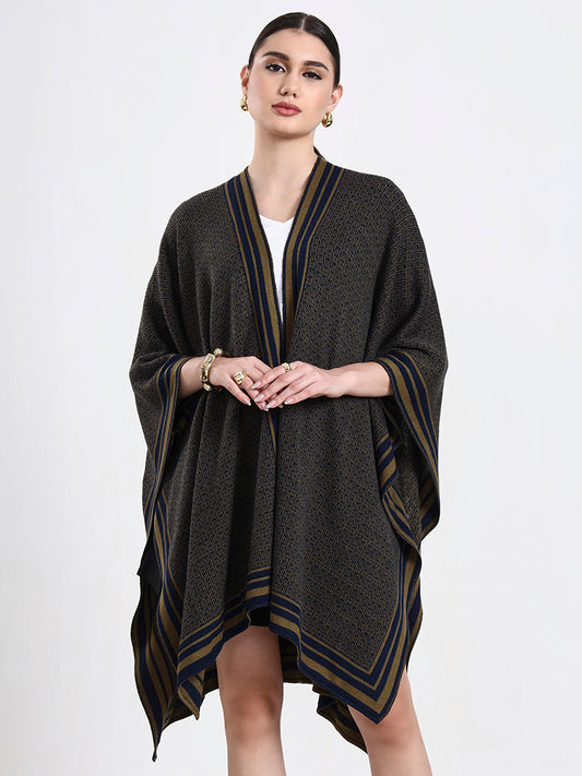 Olive Intarsia Belted Cape