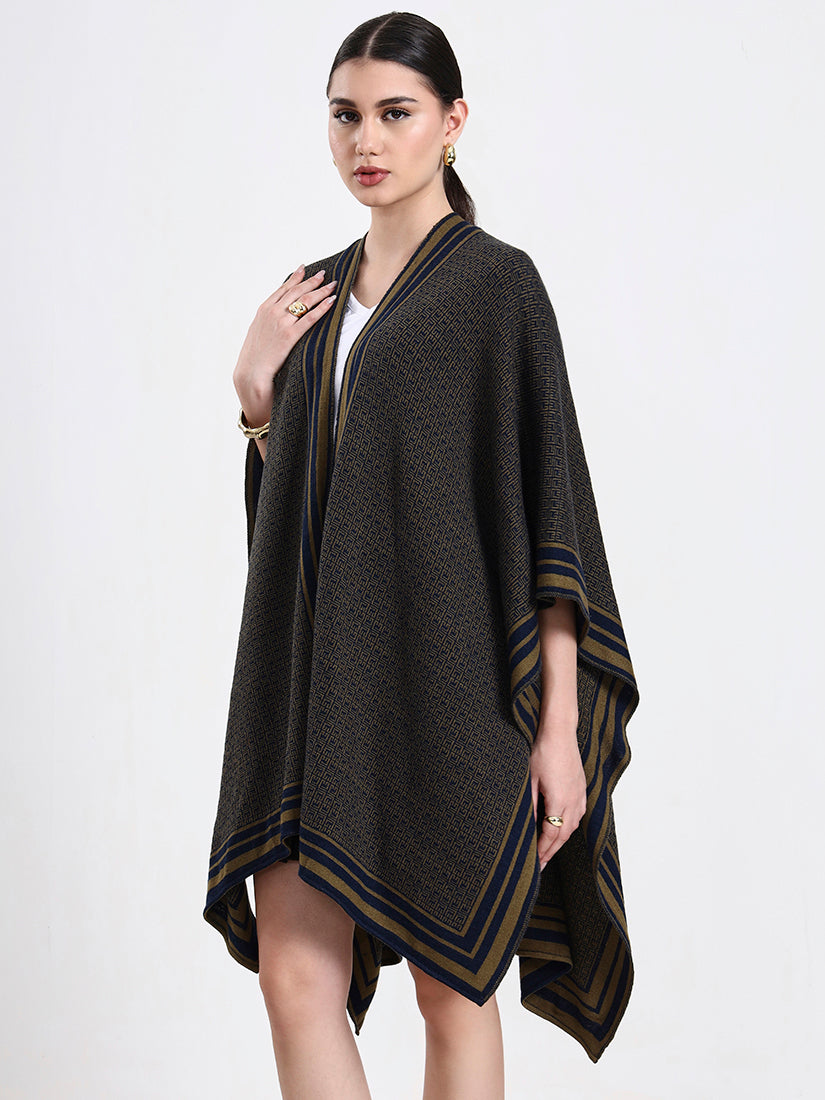 Olive Intarsia Belted Cape