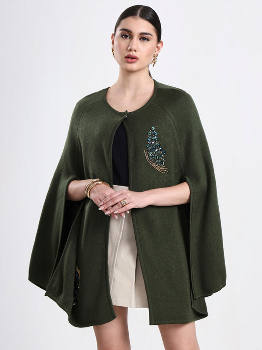 Olive Serenade Embellished Cloak