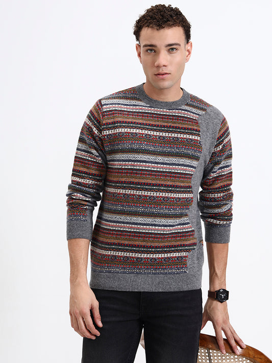 Oban Grey Fair Isle Knit Pullover
