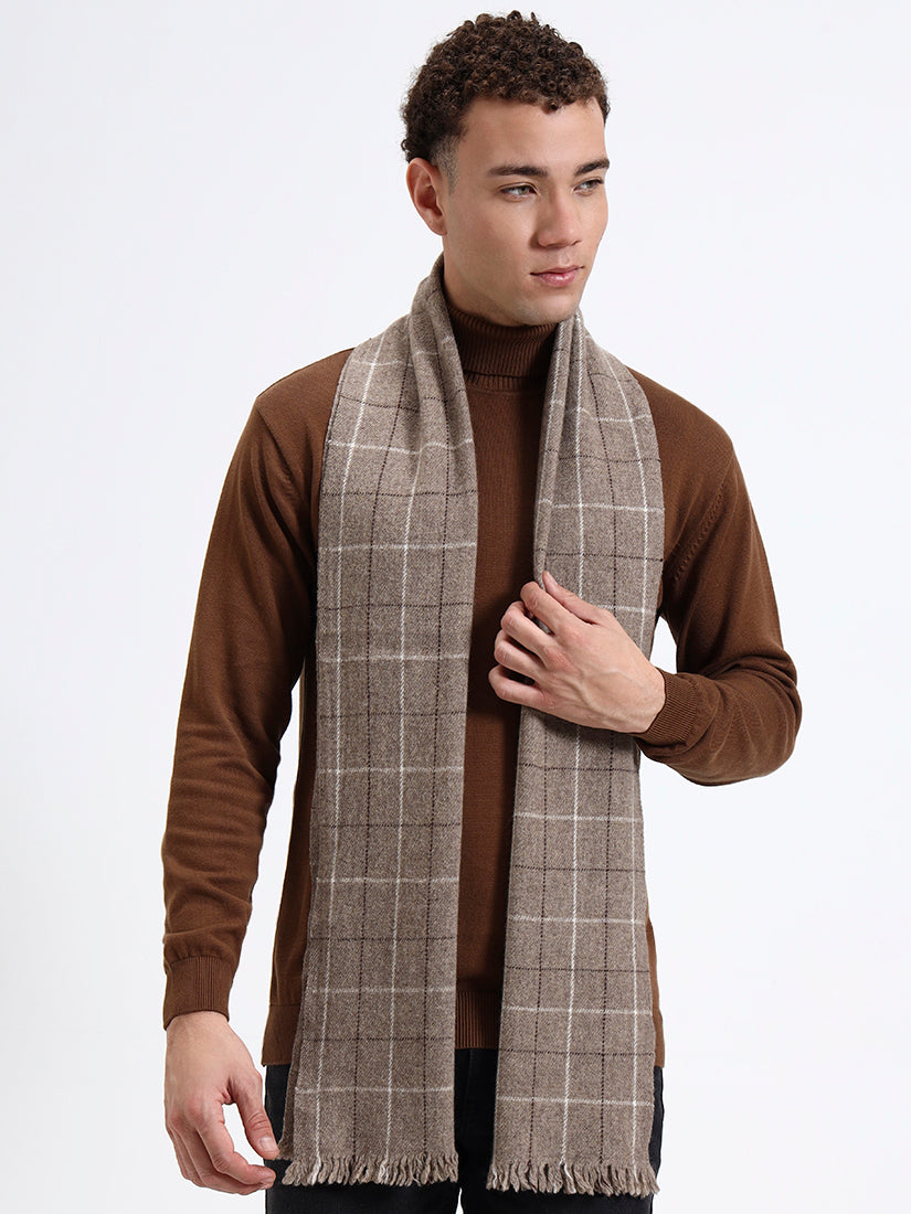 Sand Grid Check Fringe Scarf